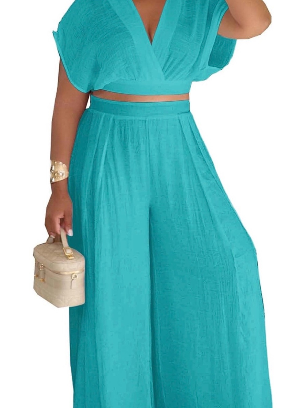 KEYUFANG Turquoise 2 Piece Crop Top Wide Leg Pants Set